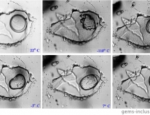 The same fluid inclusion in emerald from the Ural Mountains, Russia, observed at different temperatures.